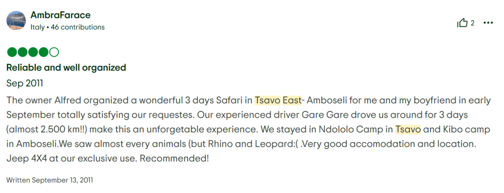 AmbraFarace from Italy 3 Days Safari Tsavo East Amboseli tripadvisor review for ahotsun safaris