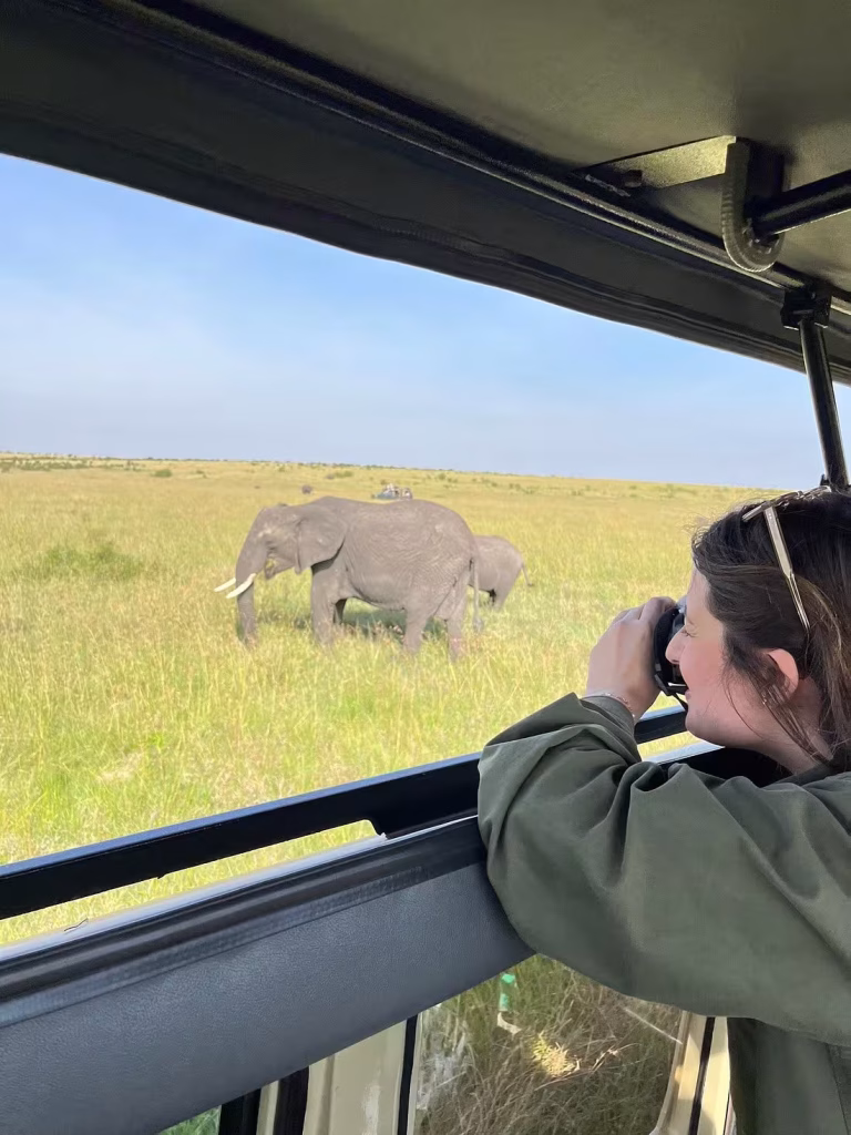 A guest photographing a large elephant through the open window of a safari vehicle on the grassy plains of the Masai Mara, on a 4-day safari from Nairobi with Ahot Sun Safaris.