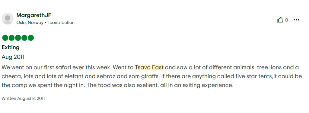 MargarethJF from Oslo, Norway trip advisor tsavo east day trip review