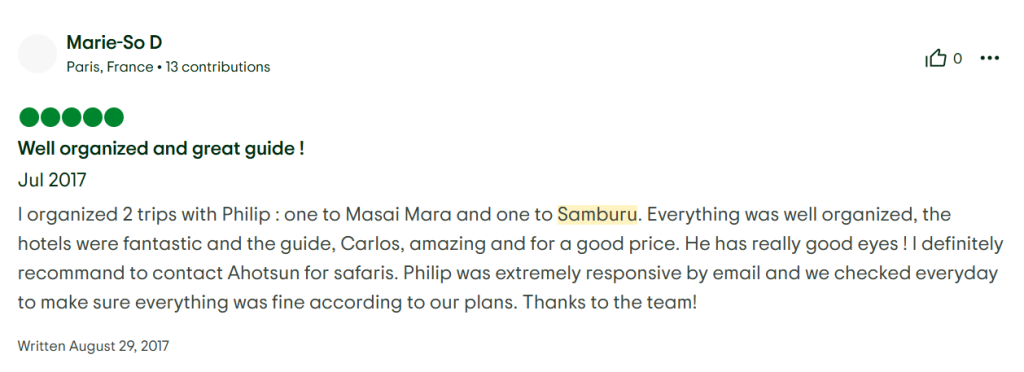 Marie-So D from Paris, France tripadvisor review about ahotsun safaris masai mara and samaburu safari review